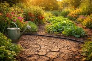 Žena zalévá rostliny na suché zahradě, udržitelná péče a krása