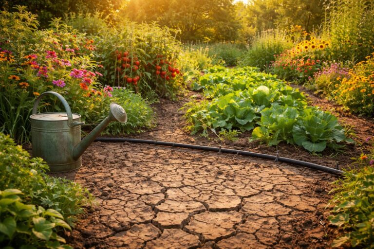 Žena zalévá rostliny na suché zahradě, udržitelná péče a krása
