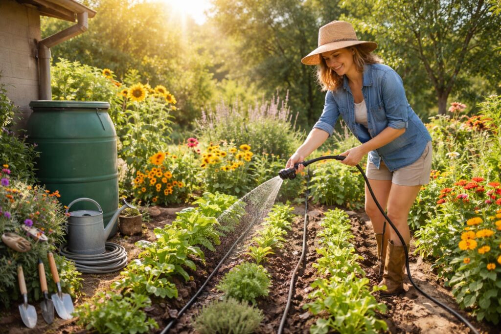 Žena zavlažuje zahradu během sucha, zelené rostliny prosperují