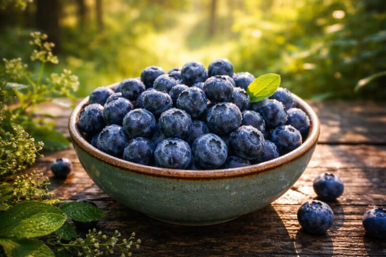 Čerstvé borůvky na dřevěném stole připravené ke konzumaci