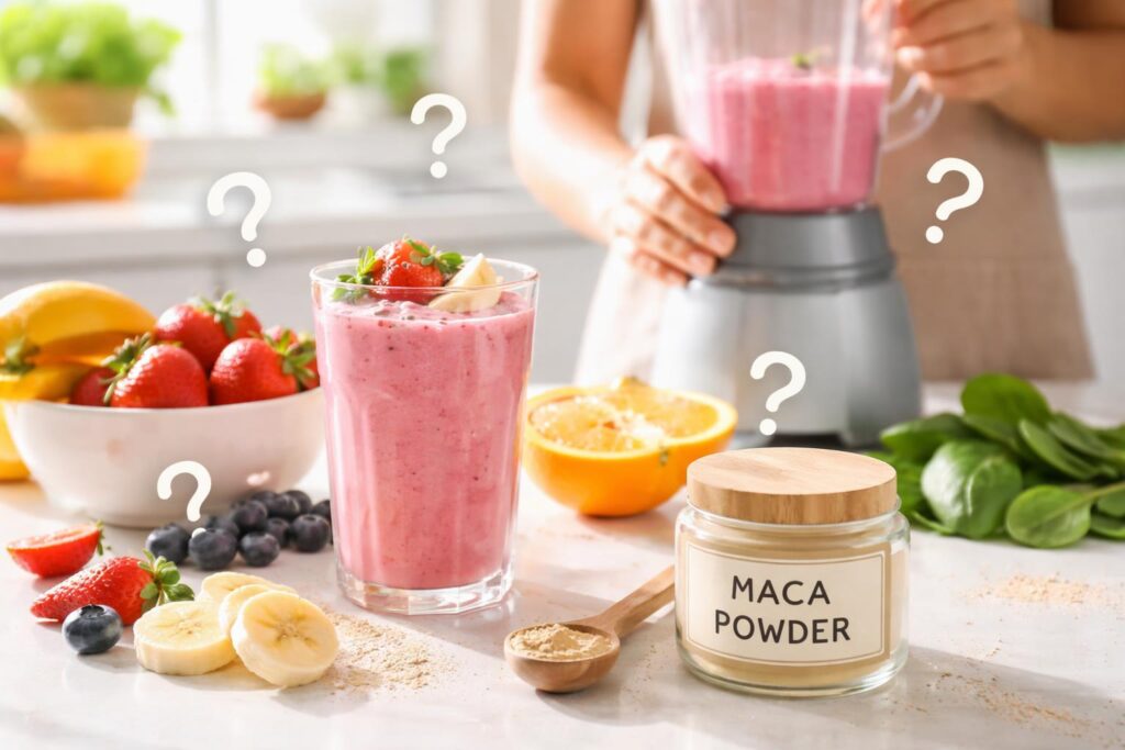 Maca prášek přidaný do zdravého ranního smoothie pro energii