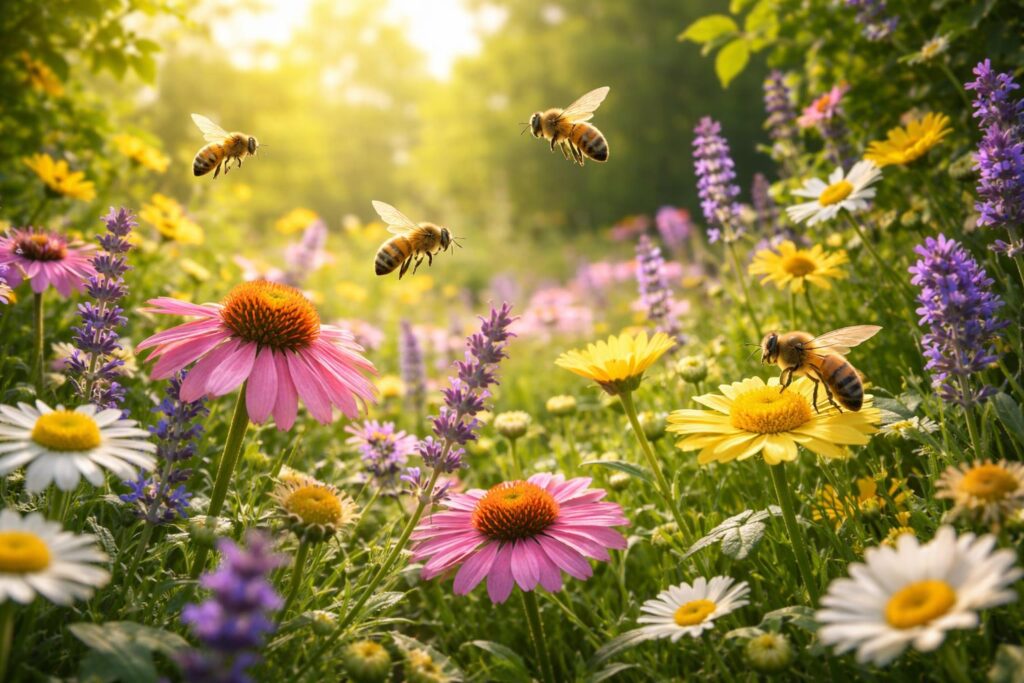 Včely sbírají pyl na květině v zahradě během dne