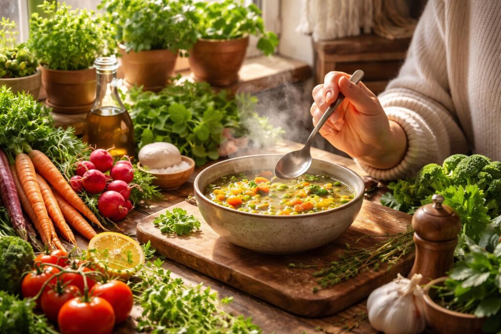 Jarní polévka s čerstvou zeleninou a bylinkami na stole