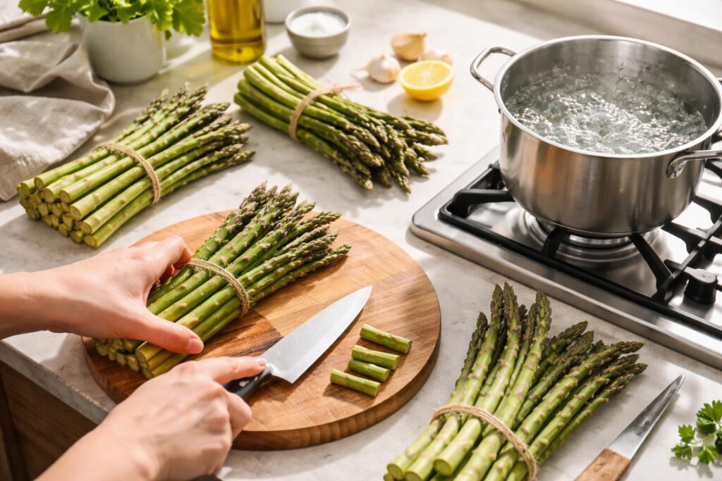 Čerstvý chřest na kuchařské desce připravený k vaření