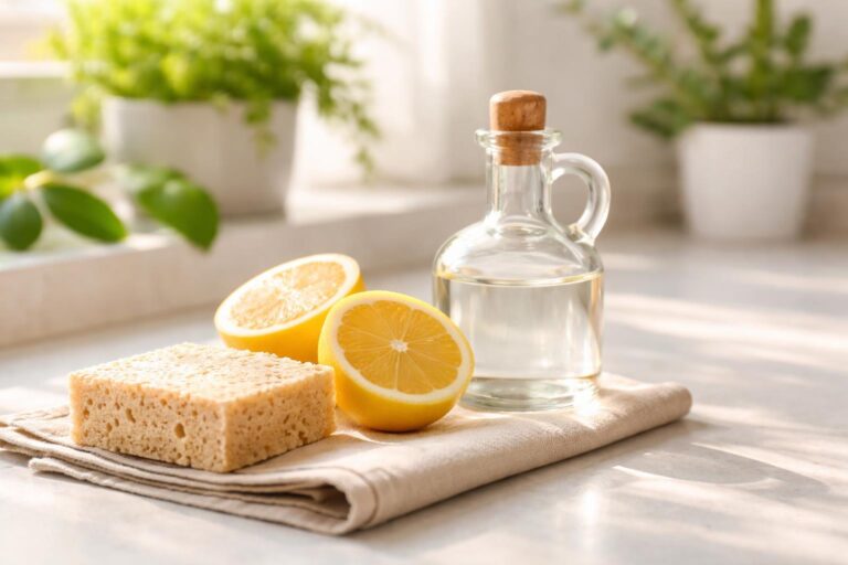 Přírodní domácí čistič s octem a citronem na dřevěný stůl