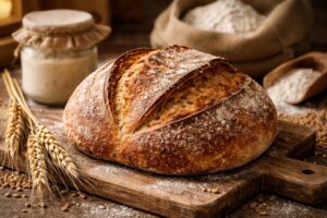 Domácí kváskový chléb na dřevěném prkénku s krájeným plátkem