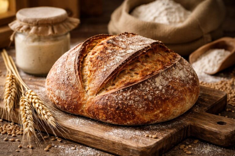 Domácí kváskový chléb na dřevěném prkénku s krájeným plátkem