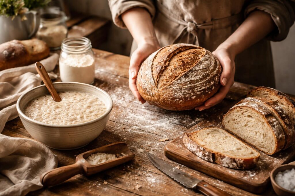 Domácí kváskový chléb na prkénku s křupavou kůrkou