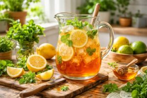 Domácí ledový čaj ve sklenici bez cukru s plátky citronu a mátou