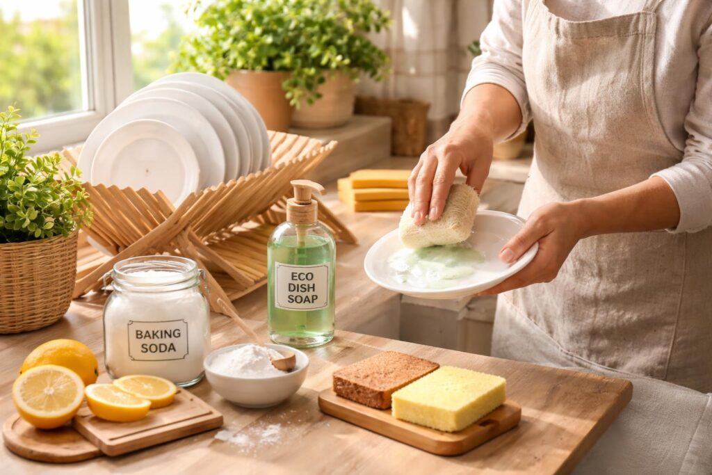 Ekologické mytí nádobí s přírodními prostředky, šetrné k životnímu prostředí