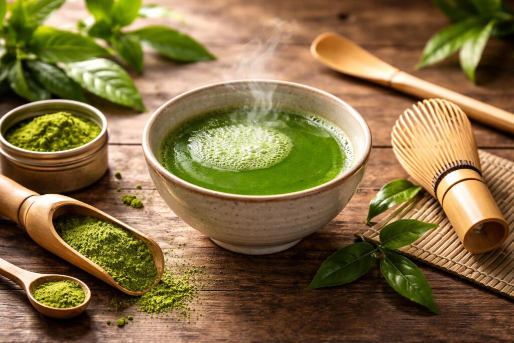 Zelený prášek matcha připravený k pití s čajovou konvičkou