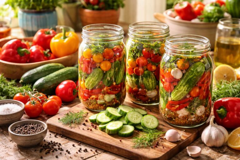 Fermentace čerstvé letní zeleniny v sklenicích s přírodními kulturami