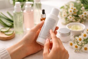 Žena čte kosmetickou etiketu se zájmem a porozuměním