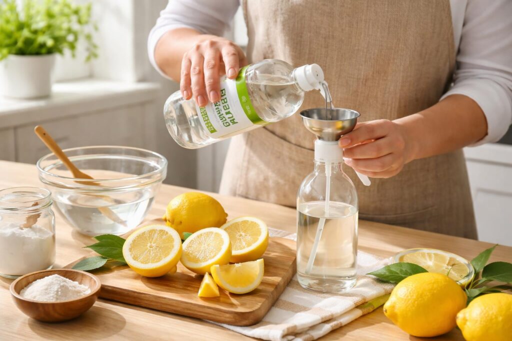 Domácí čistič s octem a citronem v lahvi s citronem vedle