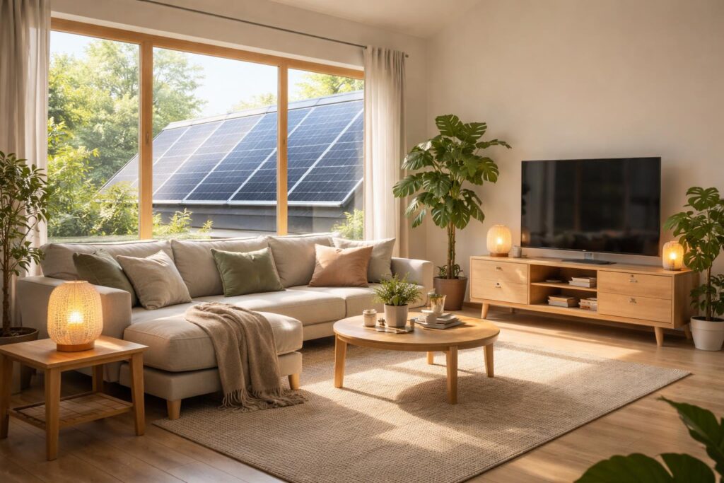 Solární doplňky instalované na střeše moderního domu během slunečného dne