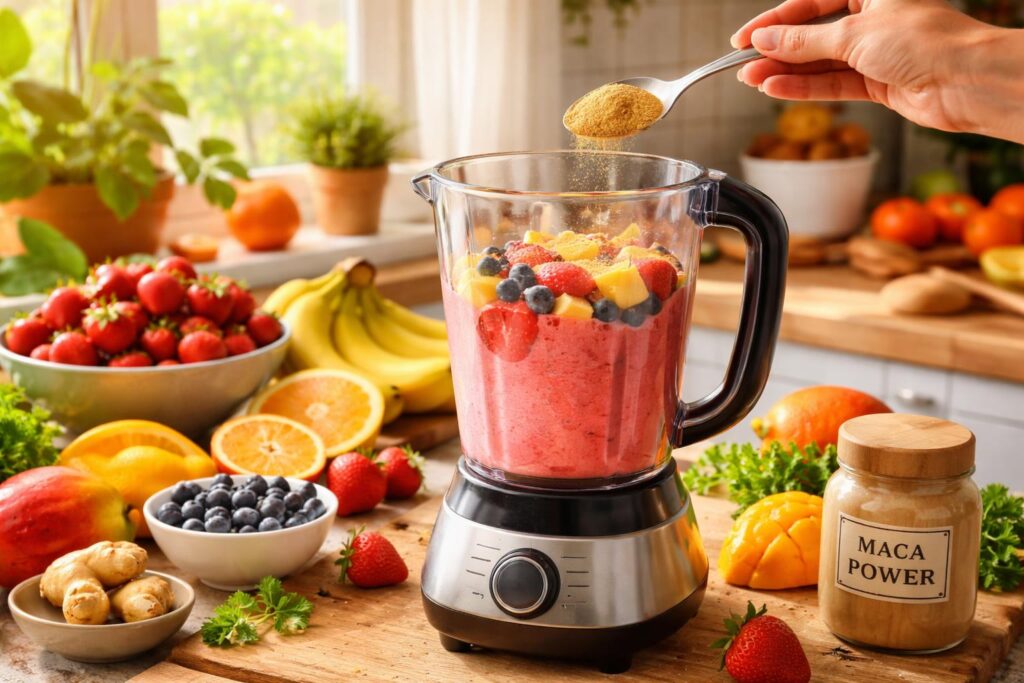 Maca prášek přidávaný do zeleninového smoothie ráno pro energii
