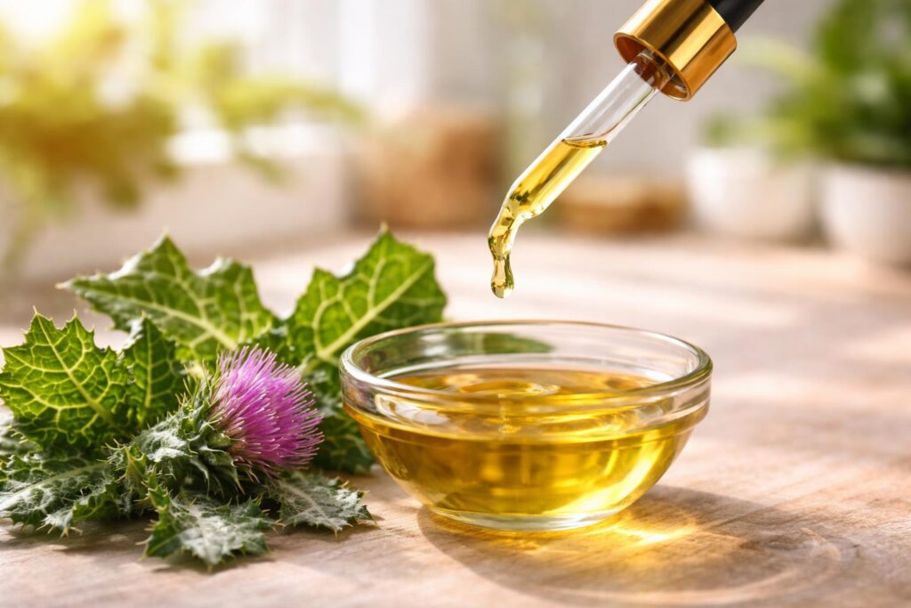 Bodlákový olej pro zdravá játra v láhvi s květy bodláku