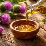 Bodlákový olej v kapkách vedle čerstvých bylin pro zdraví.