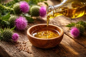 Bodlákový olej v kapkách vedle čerstvých bylin pro zdraví.