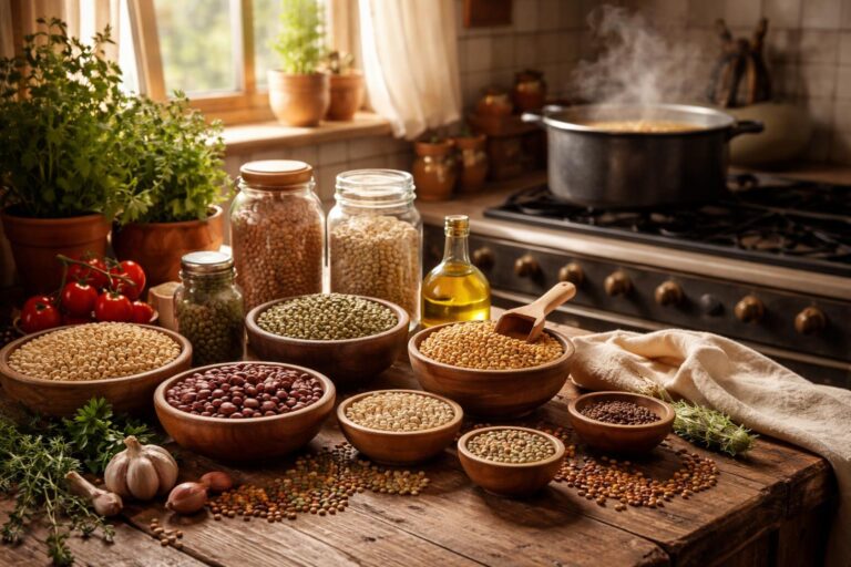 Připravená luštěnina na talíři s čerstvou zeleninou a bylinkami