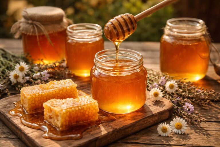 Med v různých sklenicích na dřevěném stole, přírodní sladidlo