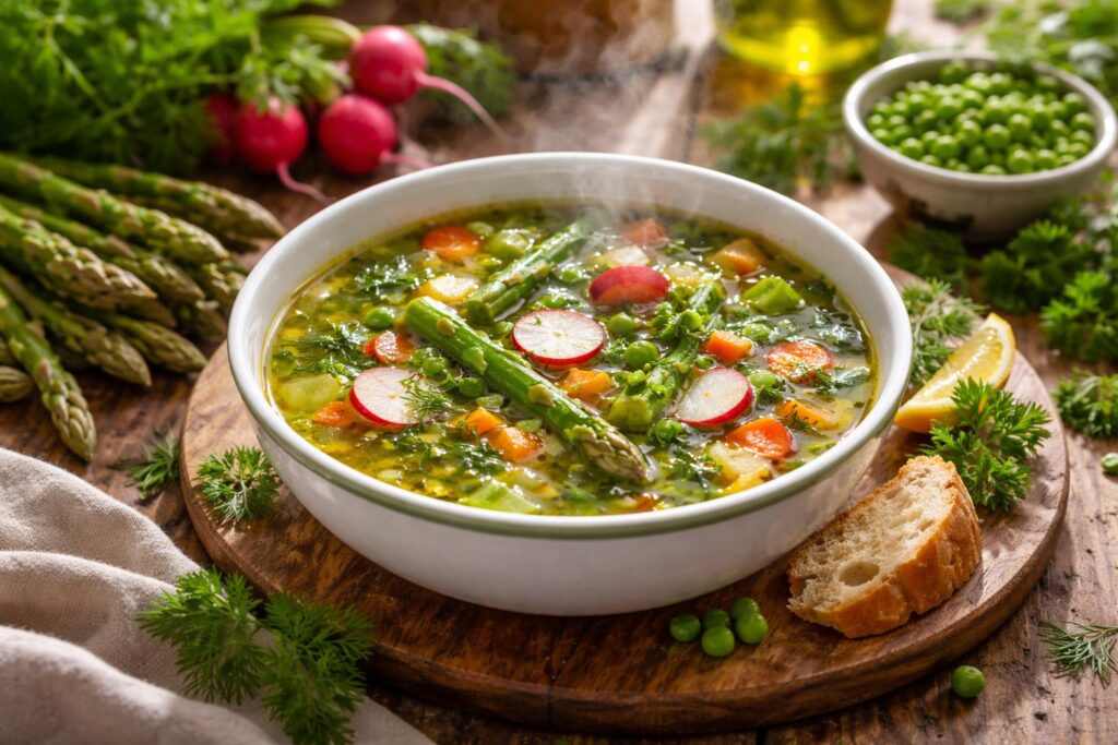Jarní polévky s čerstvou zeleninou a bylinkami na talíři