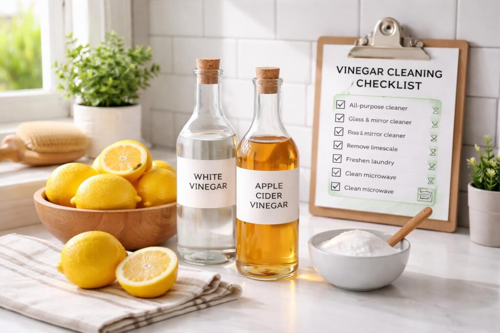 Domácí čistič s octem a citronem na lince v kuchyni