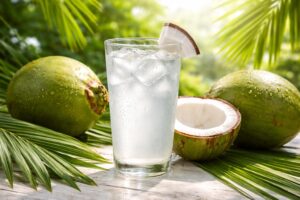 Kokosová voda ve skle, zdravý nápoj na hydrataci, přírodní osvěžení