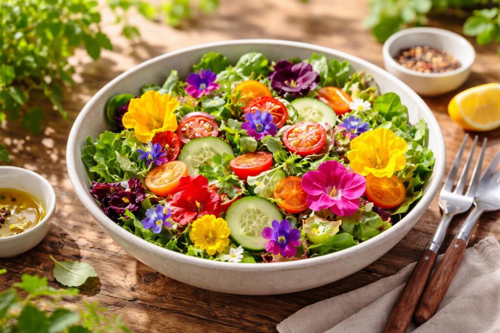 Letní salát s čerstvou zeleninou v misce připravený k jídlu