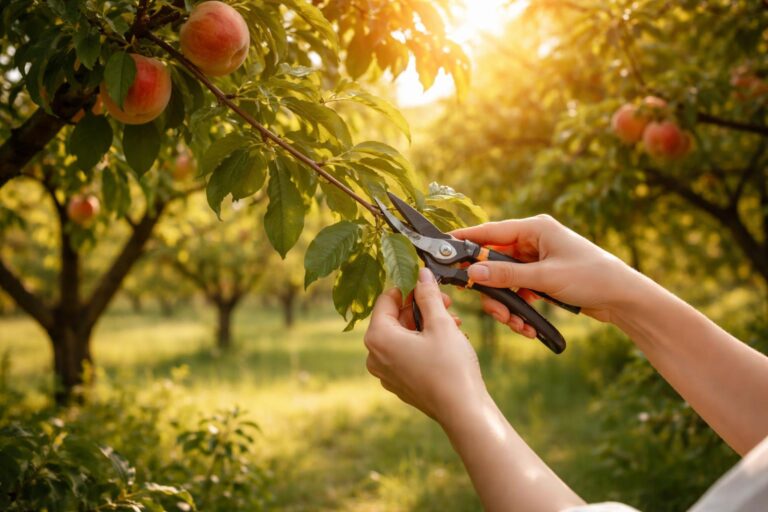 Žena pečlivě stříhá ovocný strom na zahradě v létě
