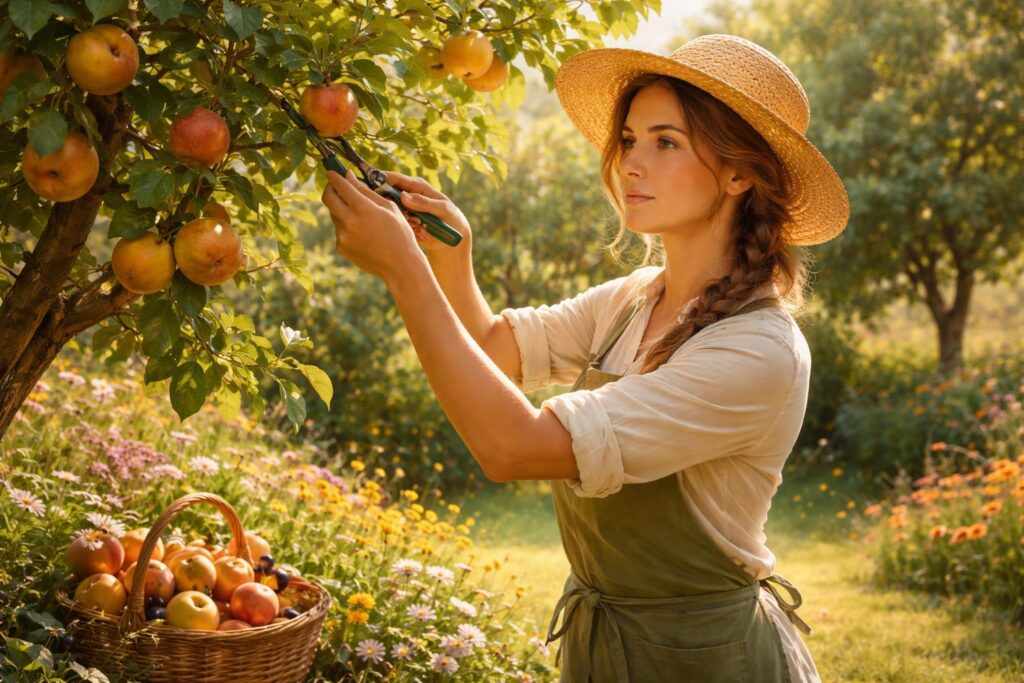 Žena pečlivě stříhá větve ovocného stromu v létě