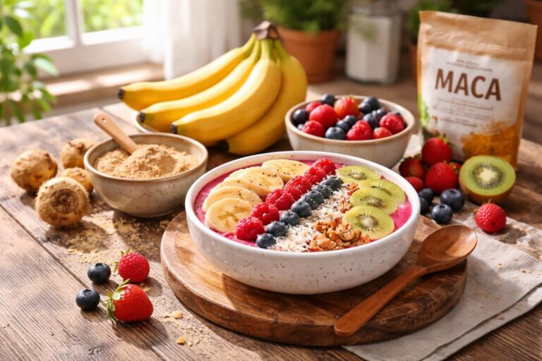 Maca prášek v ranním smoothie pro energii a vitalitu