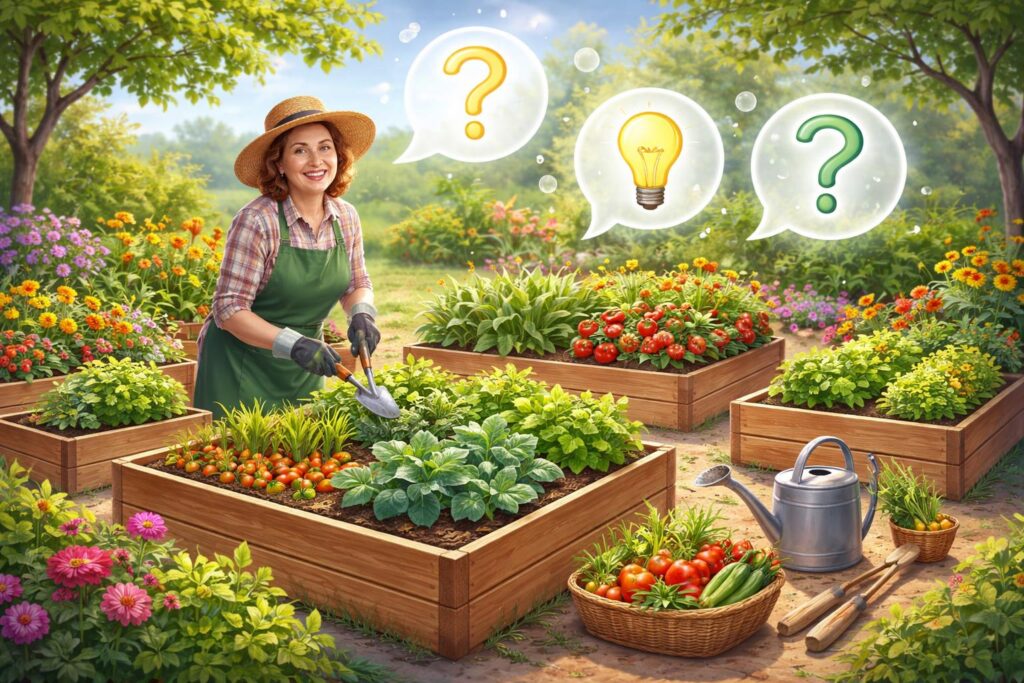 Vyvýšené záhony s různými druhy zeleniny a květin na zahradě