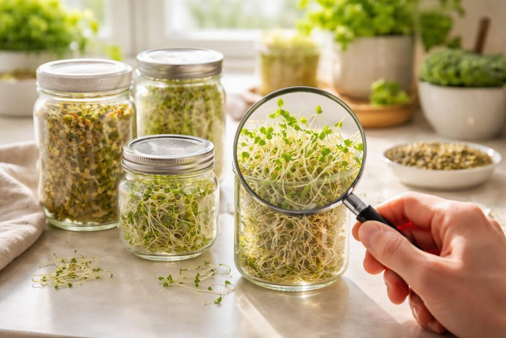 Klíčení zelených semínek na bílé misce doma