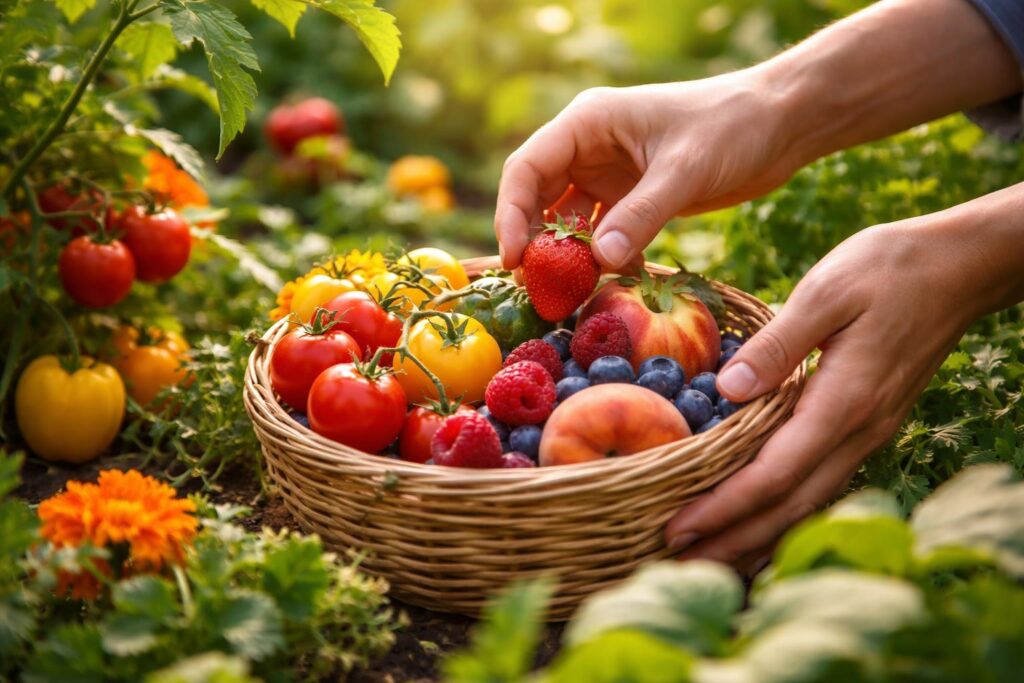 Sklizeň prvních bio plodů na poli za slunečného dne