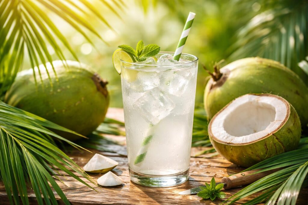 Kokosová voda v průhledné sklenici s kapkami vody