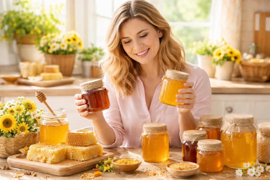 Žena vybírá kvalitní med s lžičkou a sklenicí medu doma
