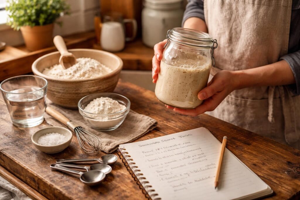Domácí kváskový chléb na prkénku se zlatavou kůrkou