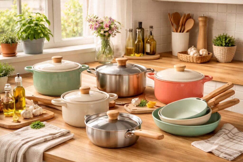 Netoxické nádobí na kuchyňské lince s přírodními materiály