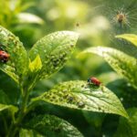Detailní pohled na listy zahradní rostliny se škůdci