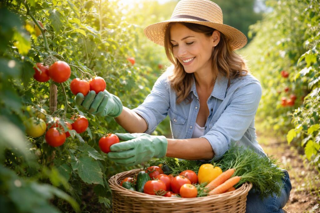 Bio plody sklizené na zahradě plné zeleně a slunce