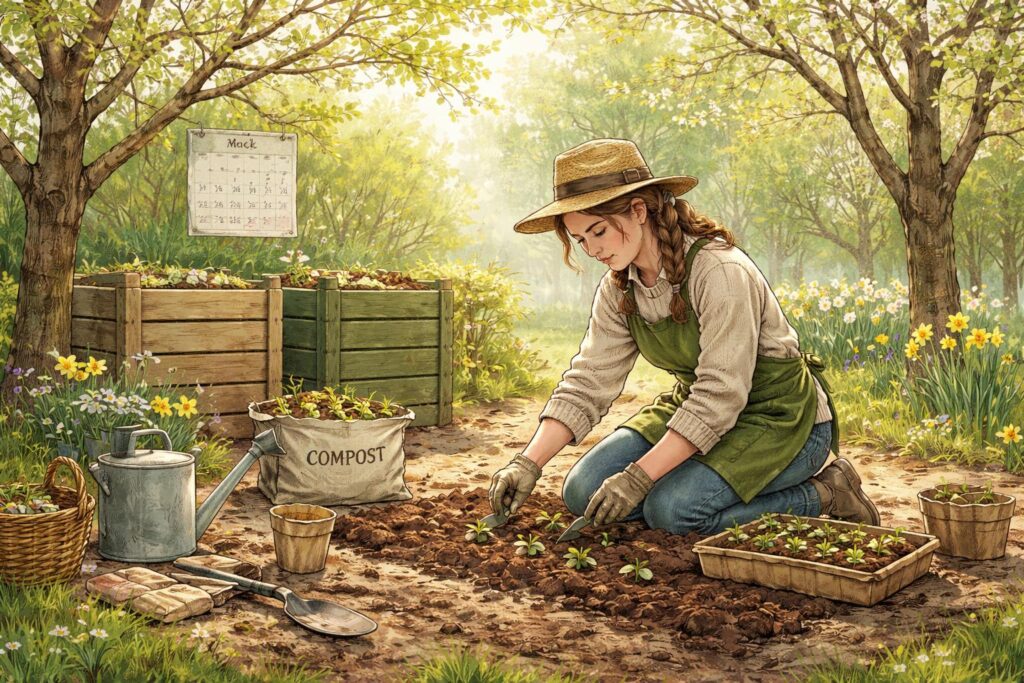 Začátečnice zakládající ekologickou zahradu v březnu s rukavicemi a nářadím