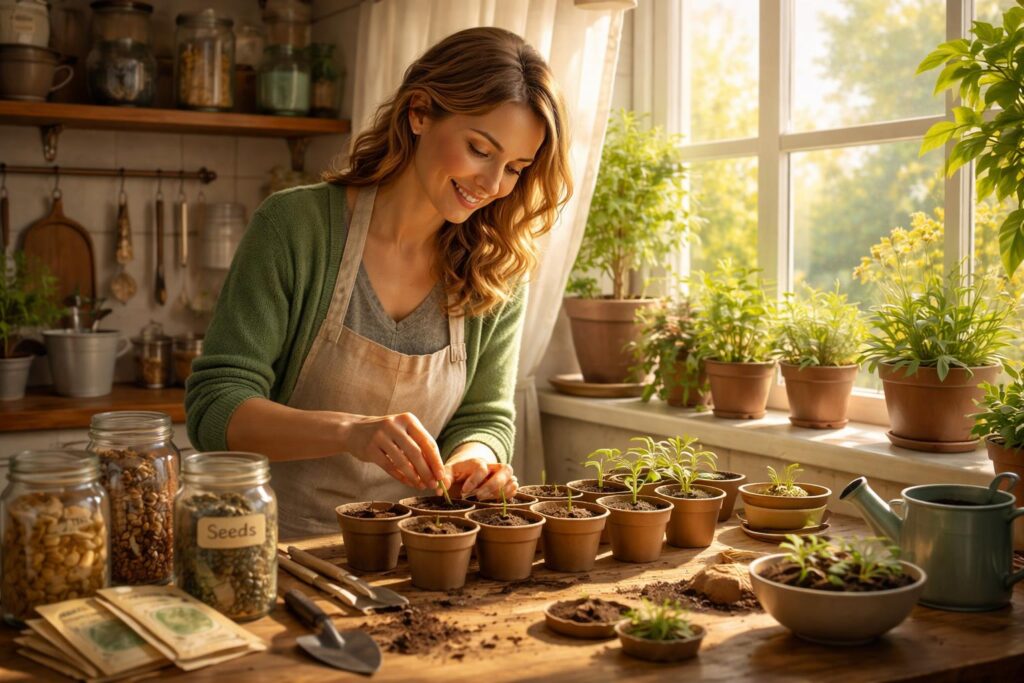 Žena zasadila semínka do květináče na svém domácím zahradnickém koutku