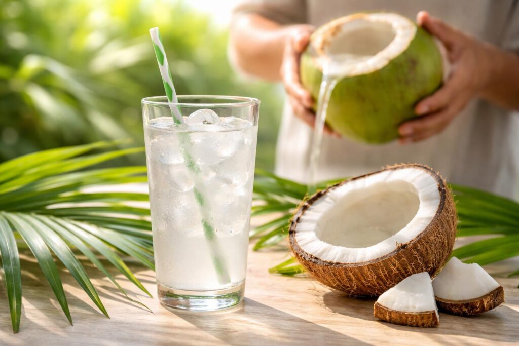 Kokosová voda ve sklenici s kapkami rosy na listu