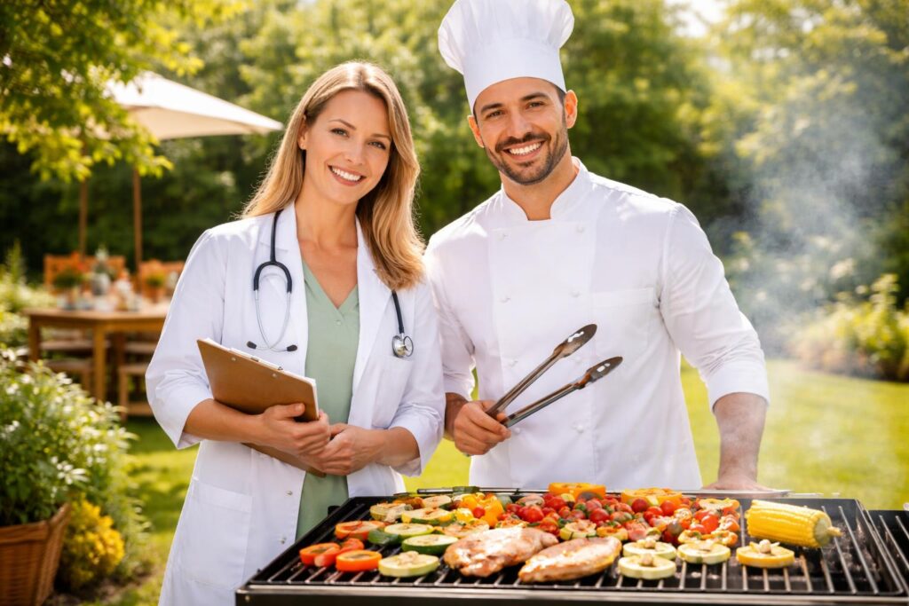 Grilování zdravých ingrediencí na venkovním grilu bez kouře