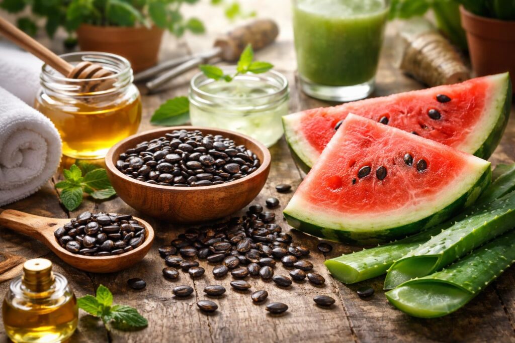 Semínka z melounu na dřevěné misce, zdravé a přírodní