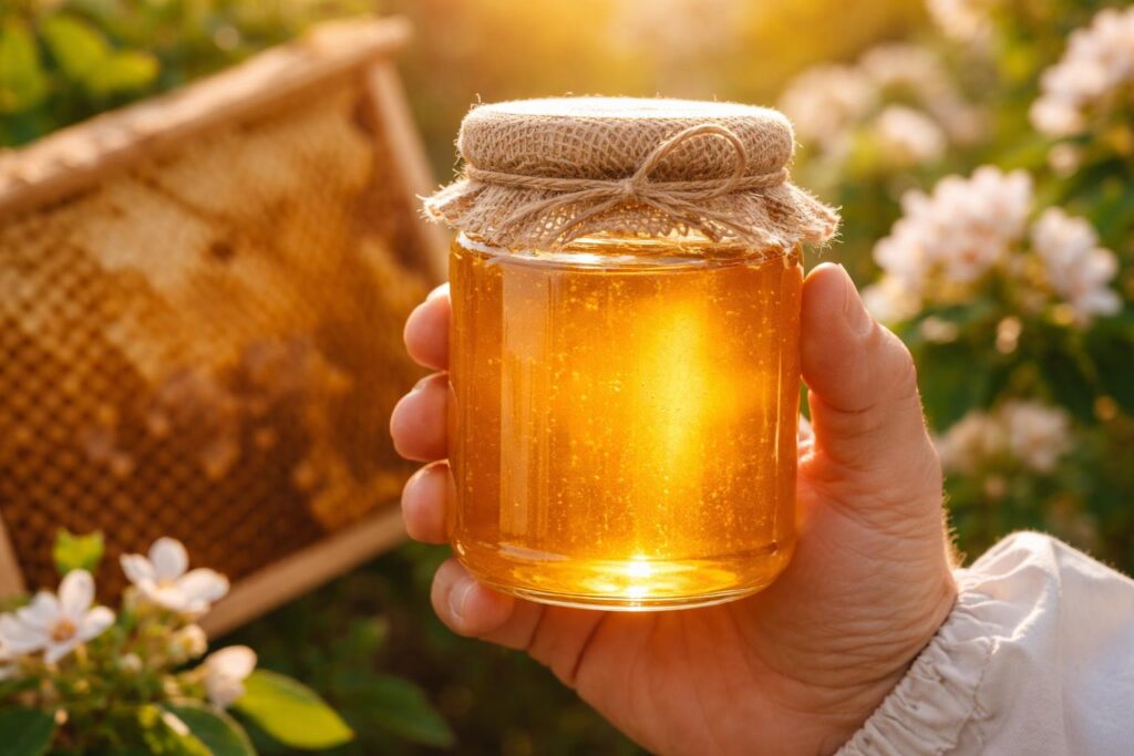 Kvalitní med v malých sklenicích na dřevěném stole