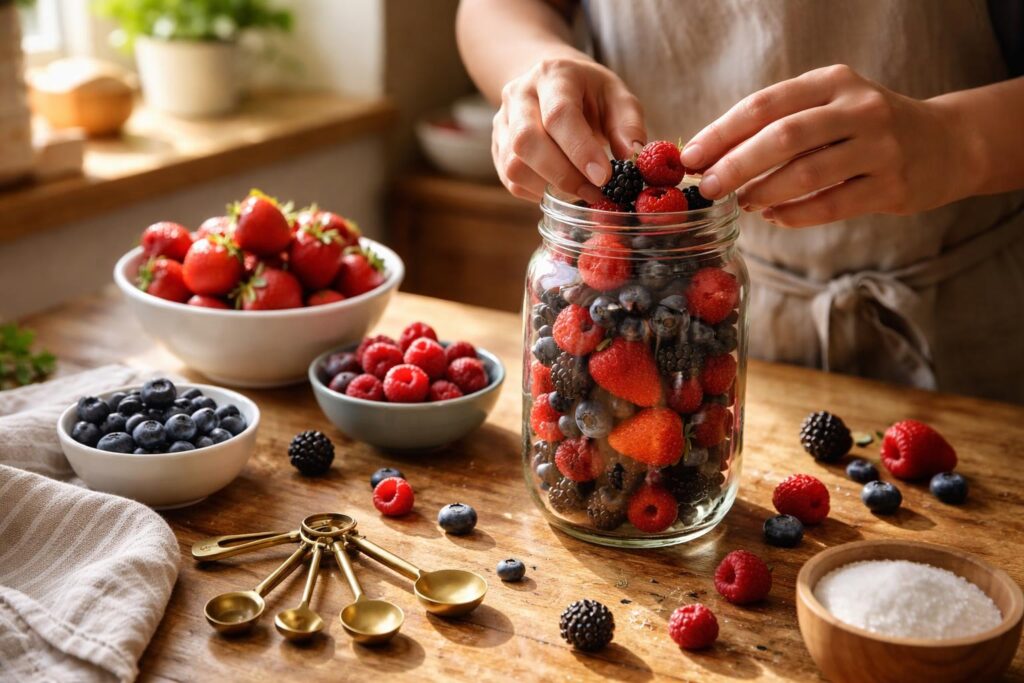 Čerstvé letní bobule ve sklenicích na skladování