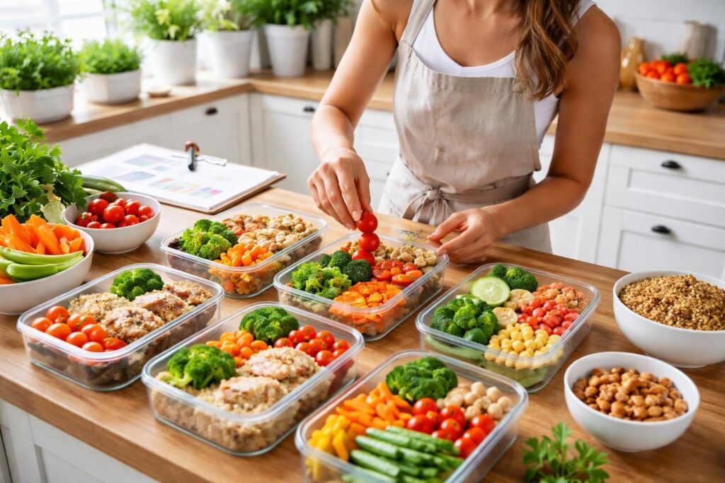 Rychlý zdravý oběd připravený v krabičce s čerstvou zeleninou