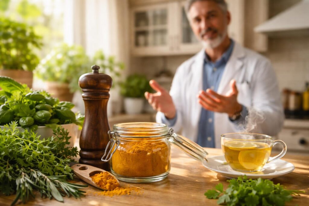 Kurkuma a černý pepř na dřevěné desce s bylinným pozadím